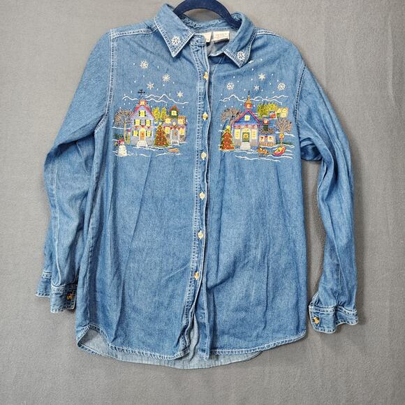 Embroidered Vtg Womens Top Medium Bobbie Brooks Chambray Denim Winter Holiday - Picture 1 of 11